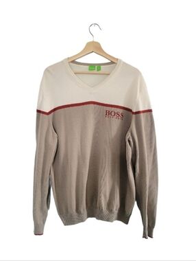 HUGO BOSS Size XL Mens Cream Beige Red V-Neck Sweater Logo Stripe Lightweight